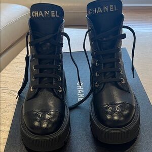 CHANEL Black Leather Lace-Up Boots